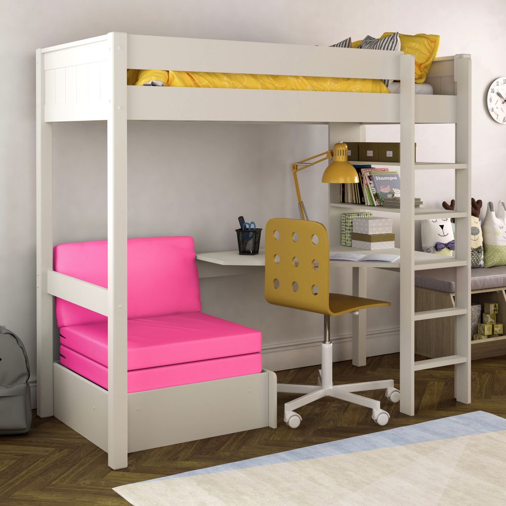 Classic High Sleeper in White with integrated desk and shelving and pull out chair bed UK Standard Single Size Lifestyle Angled