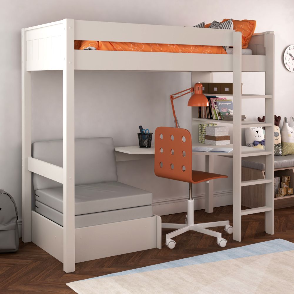 Classic High Sleeper with integrated desk and shelving and pull out chair bed UK Standard Single Size Lifestyle Angled