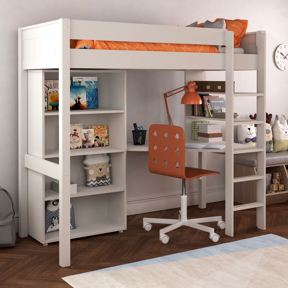 Classic Highsleeper in white with integrated desk and shelving and Tall Bookcase Lifestyle Angled