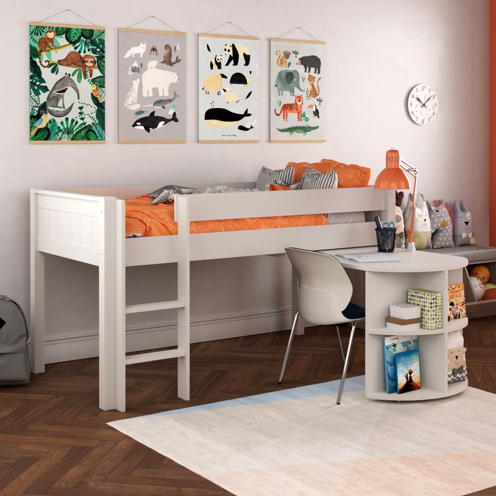 Classic Mid Sleeper in White + Pull Out Desk Standard UK Single Size Lifestyle Angled