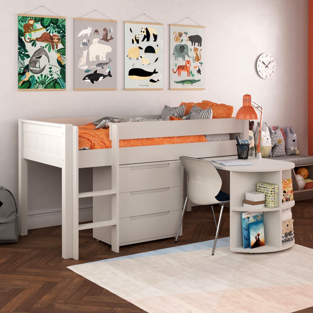 Classic Mid Sleeper in White + Pull Out Desk and 3 Drawer chest Standard UK Single Size Lifestyle Angled