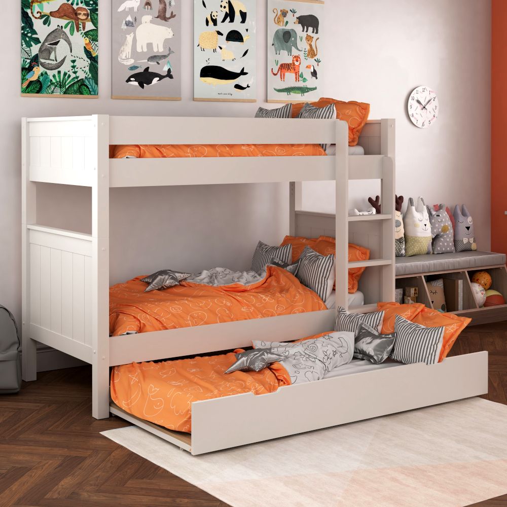 Classic Bunk Bed in White with full size trundle bed  including a free trundle mattress Lifestyle Angled