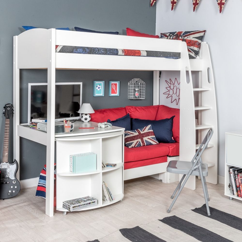 UnoS22 Highsleeper with Sofa Bed in Red  Fixed Desk and Pull Out Desk Lifestyle Angled