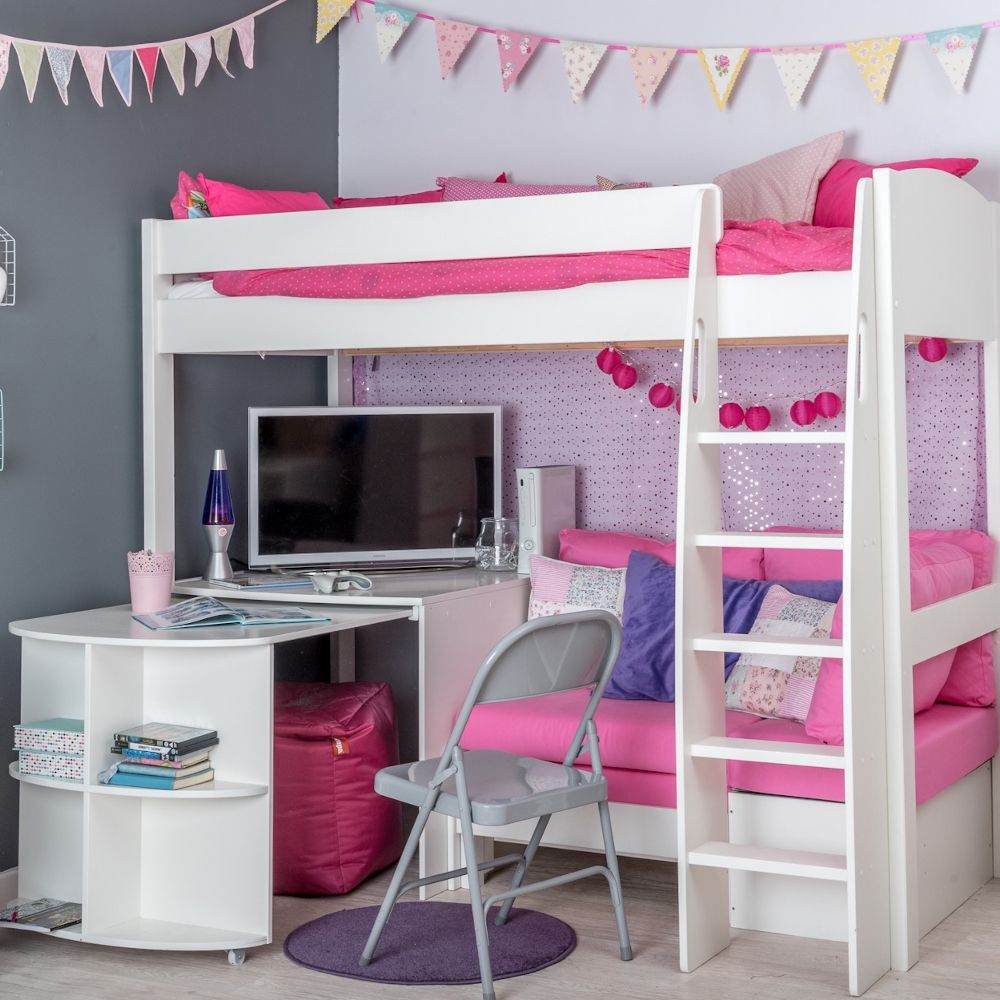 UnoS22 Highsleeper with Sofa Bed in Pink  Fixed Desk and Pull Out Desk Lifestyle Angled