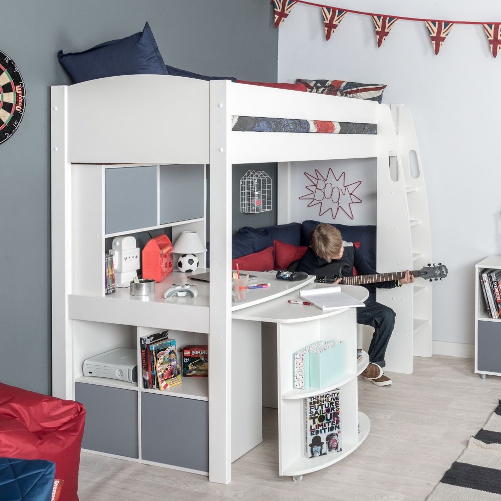 UNOS28 Highsleeper with Sofa Bed in Blue, Fixed Desk, Pull Out Desk, Cube, Hutch and 2 Pairs of Grey Doors Lifestyle Angled