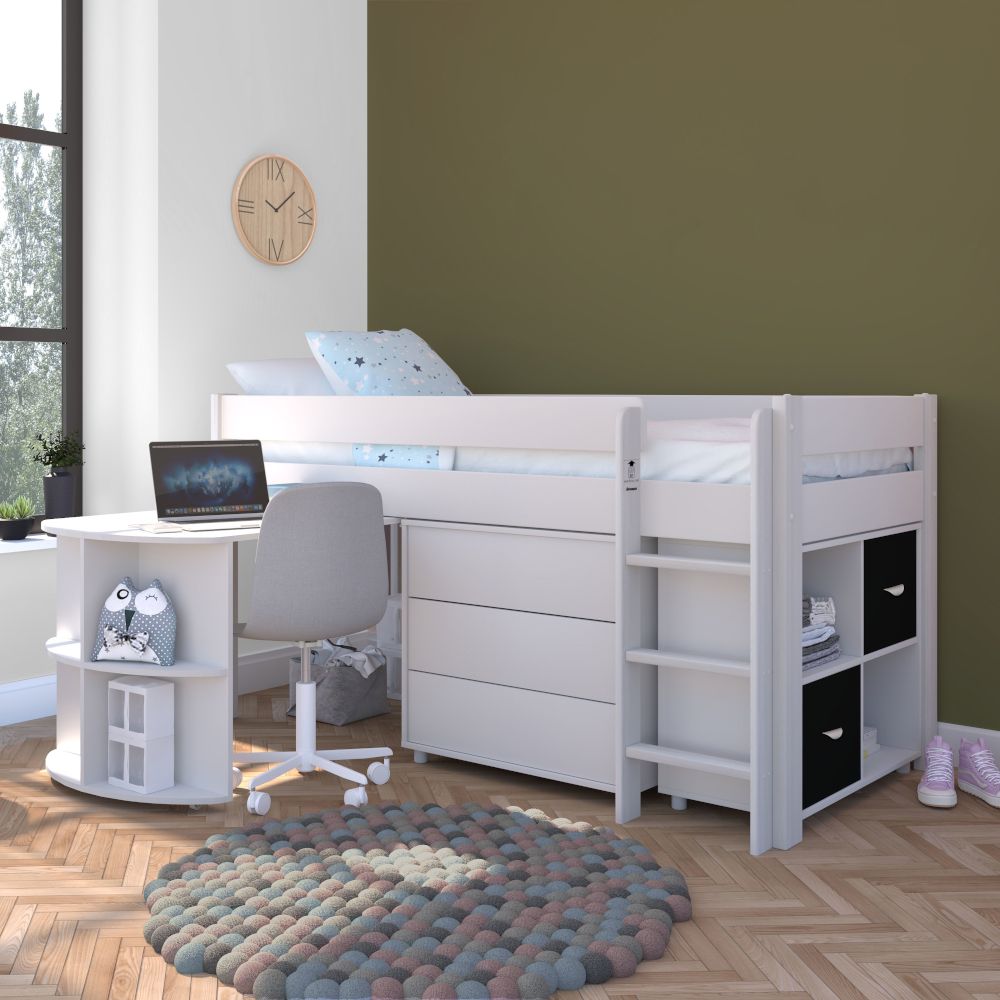 UNO Midsleeper Special Package Includes 3 Drw Chest, Cube Unit  with 2 Nero Doors, Pull Out Desk and Free Stompa S Flex Airflow Mattress Lifestyle Angled