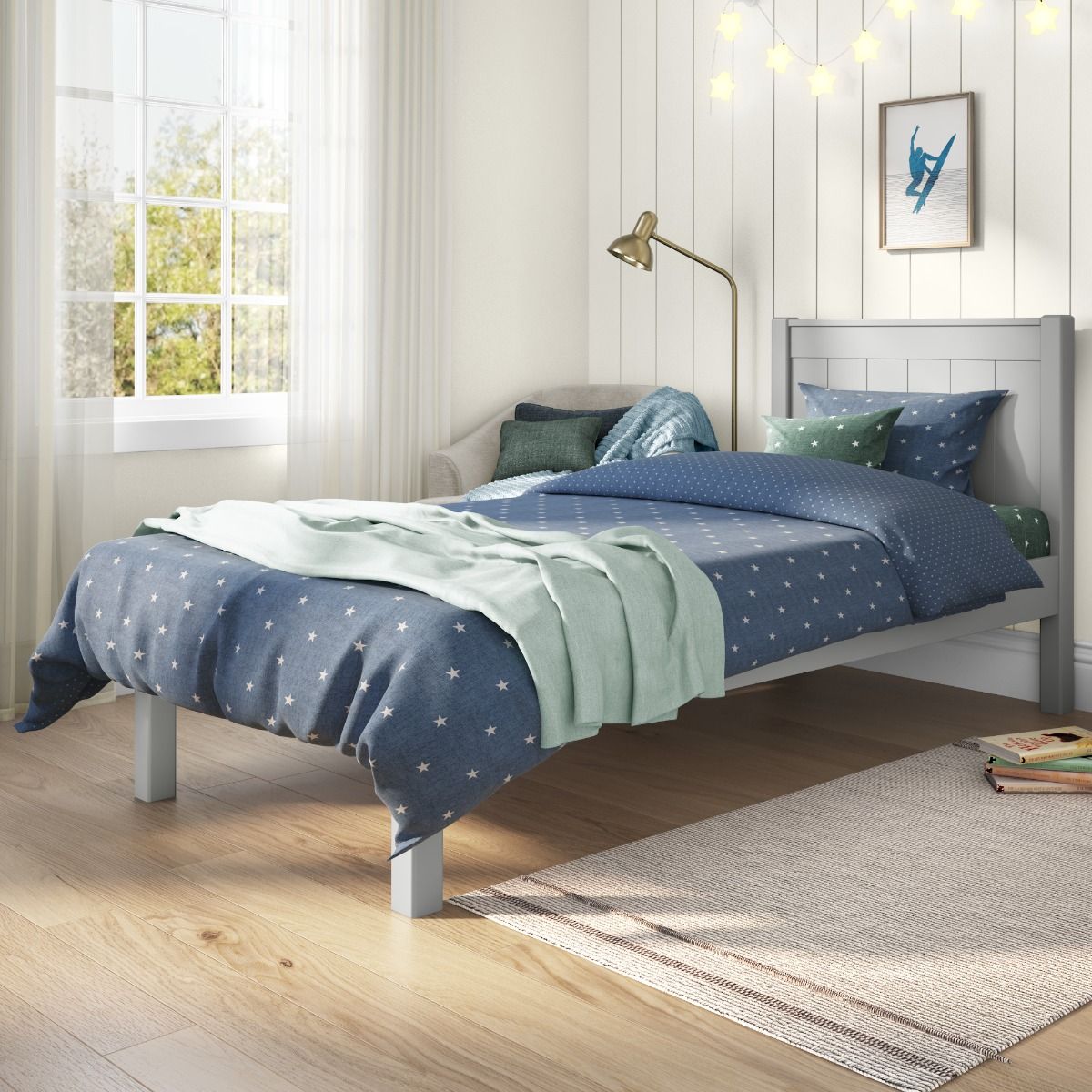 Classic Low End Single Bed in Grey Lifestyle Angled Zoomed