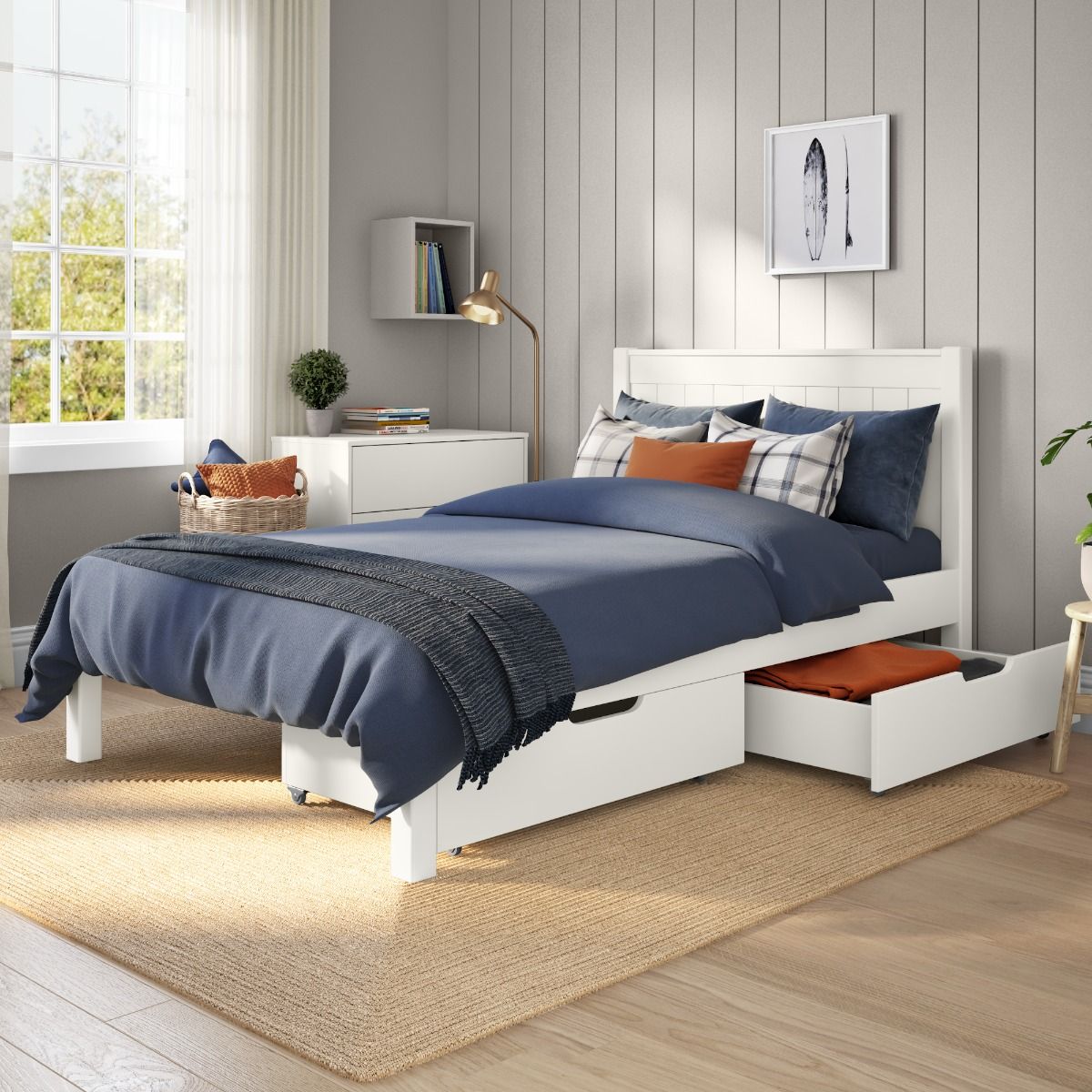 Classic Low End Small Double Bed in White with a Pair of Drawers Lifestyle Angled Zoomed