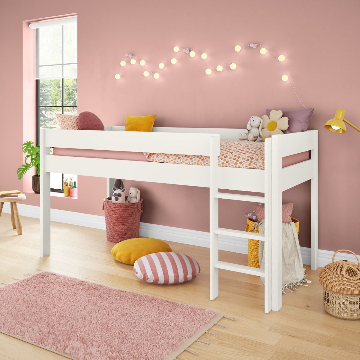 Uno White Midsleeper Bed Frame Lifestyle Angled Zoomed