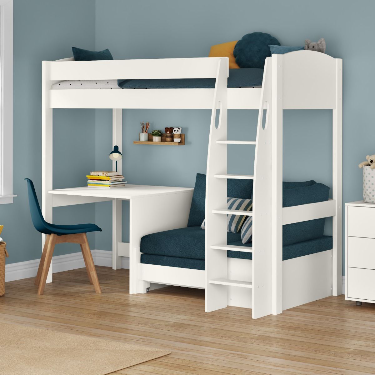 Uno S 21 High Sleeper with Sky Blue Sofa bed and a Fixed Desk Lifestyle Angled Zoomed