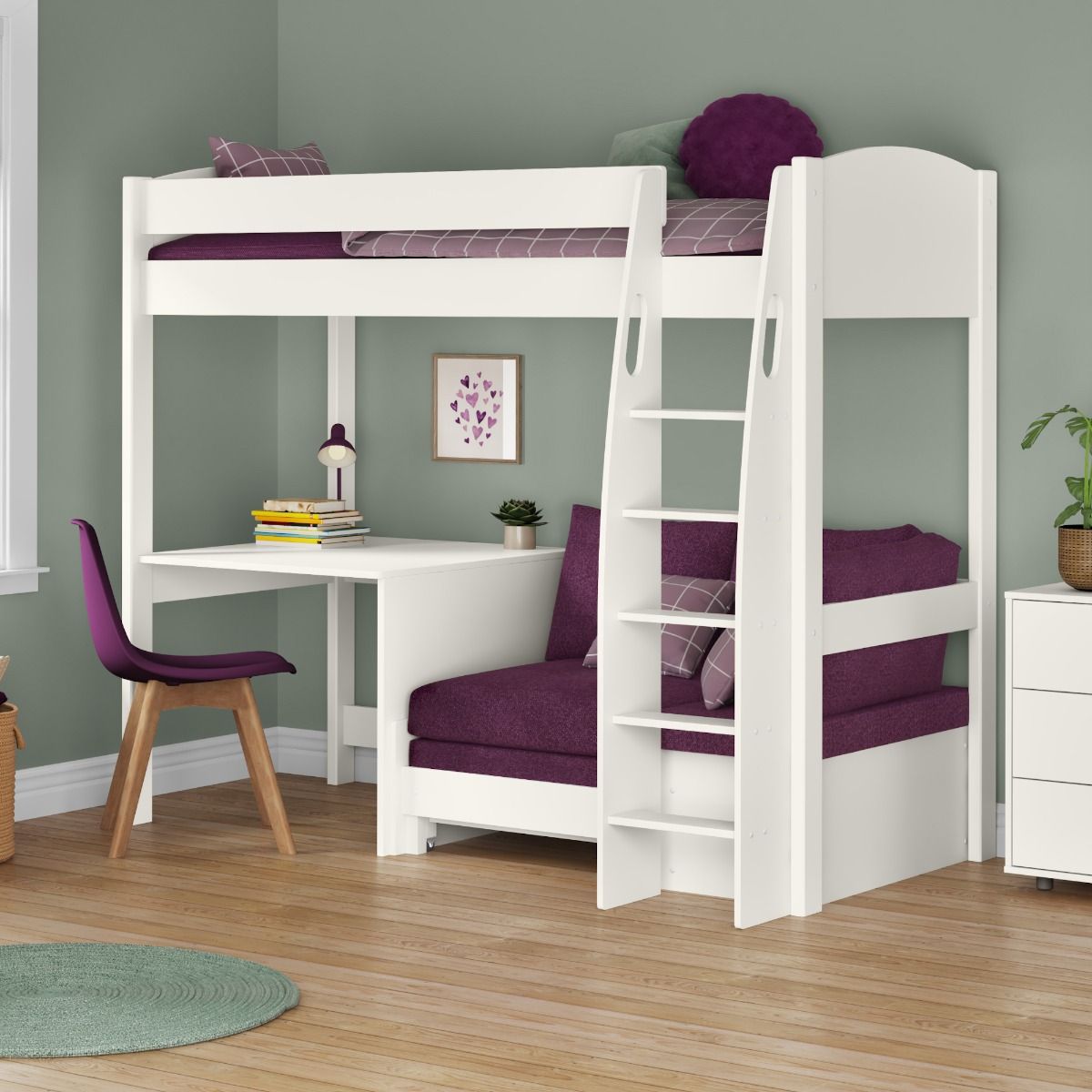 Uno S 21 Highsleeper with Purple Heather Sofa bed and a Fixed Desk Lifestyle Angled Zoomed