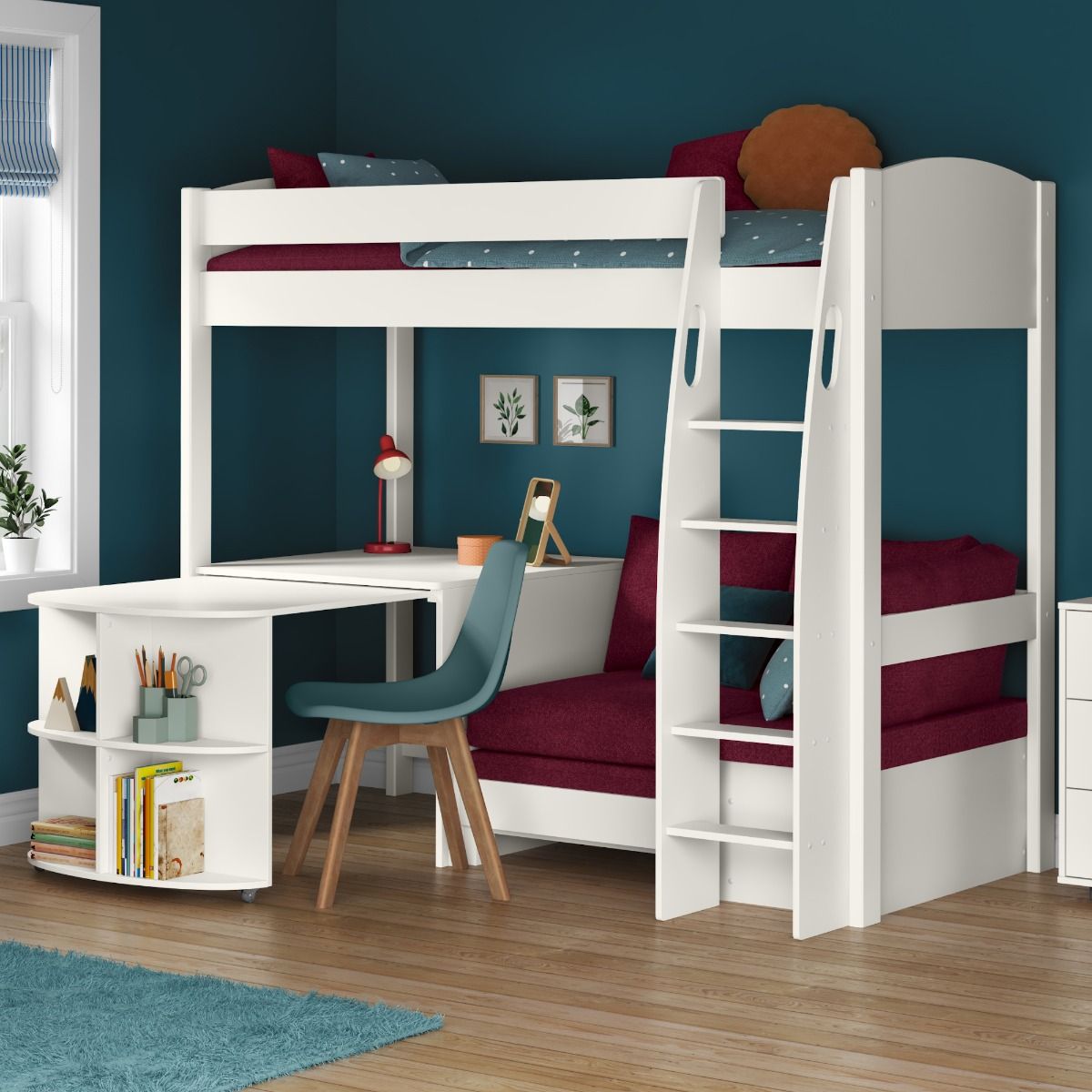 Uno S 22 Highsleeper with Berry Red Sofa bed with a Fixed and Pull Out Desk Lifestyle Angled Zoomed