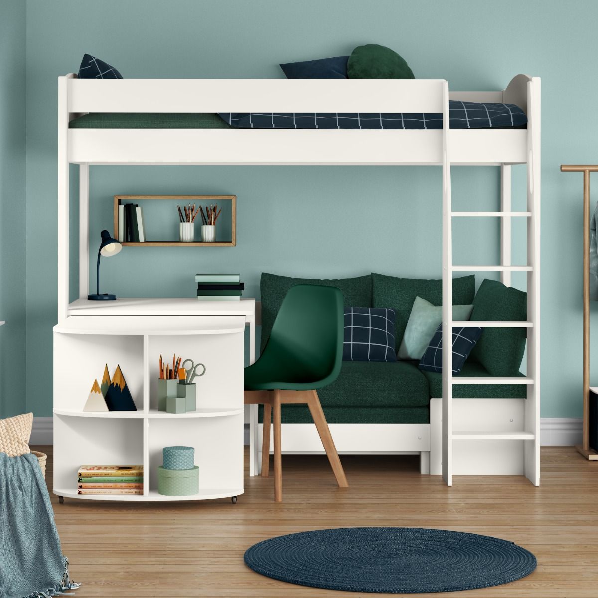 Uno S 22 Highsleeper with Teal Green Sofa bed with a Fixed and Pull Out Desk Lifestyle Front Zoomed