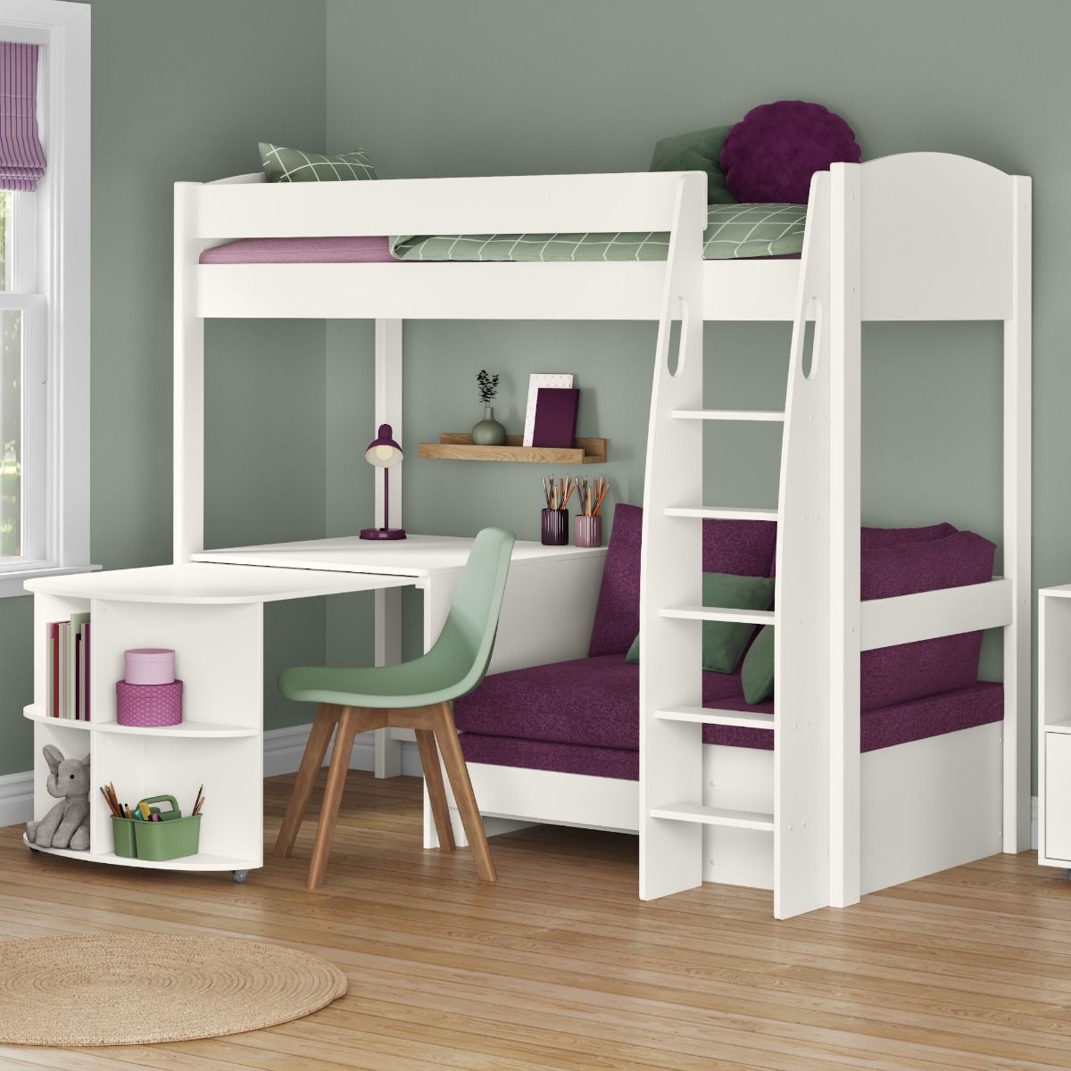 Uno S 22 Highsleeper with Purple Heather Sofa bed with a Fixed and Pull Out Desk Lifestyle Angled Zoomed