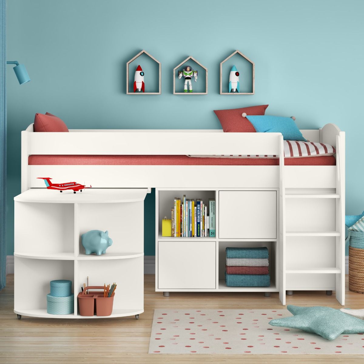 UNO S Midsleeper with Pull Out Desk, 3 Drawer Chest, Cube Unit With 2 White Doors - White Headboards Lifestyle Angled Zoomed