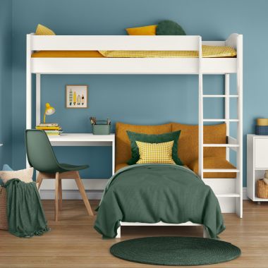 Childrens Uno S 21 High Sleeper Bed with Mustard Yellow Sofa bed and a Fixed Desk Lifestyle Second Front Zoomed