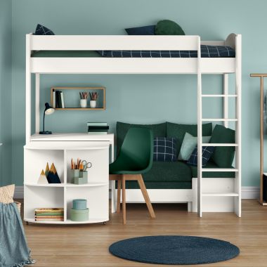 Childrens Uno S 22 Highsleeper Bed with Teal Green Sofa bed with a Fixed and Pull Out Desk Lifestyle Front Zoomed