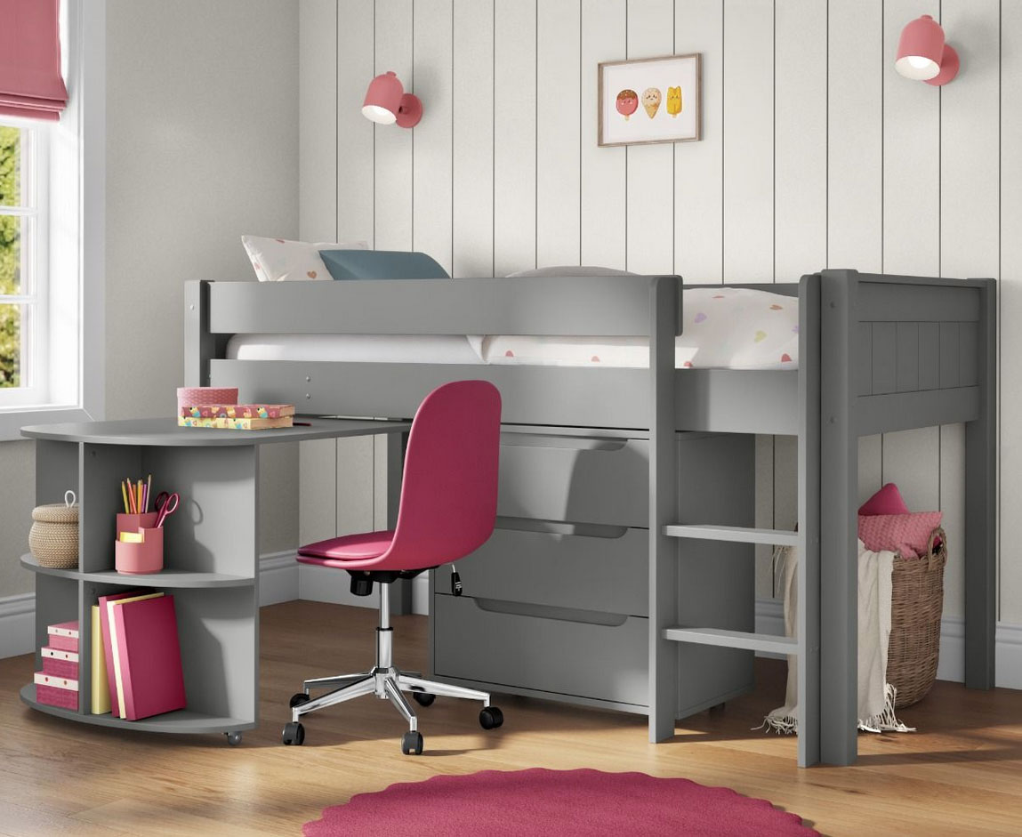 space-saving grey mid sleeper bed with a pull out desk and 3 drawer chest under the bed to save space in a child's bedroom