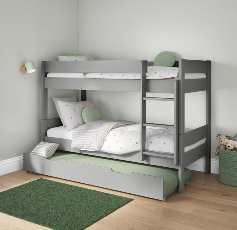 Detachable Grey bunk bed featuring a trundle drawer with mattress under the bunk bed that slides out to become a sleepover bed