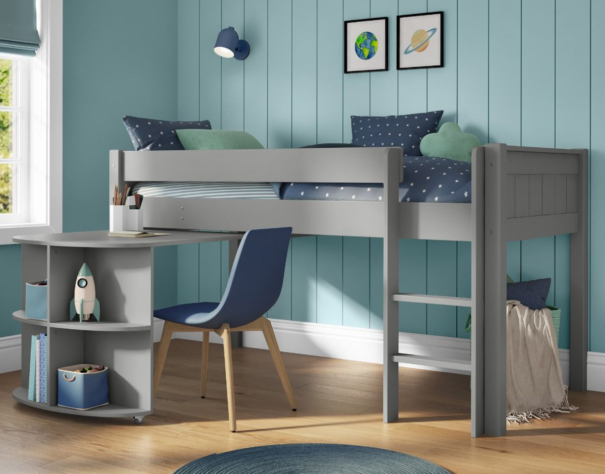 grey mid sleeper bed with tongue and groove end panels and a pull out desk with integrated shelves