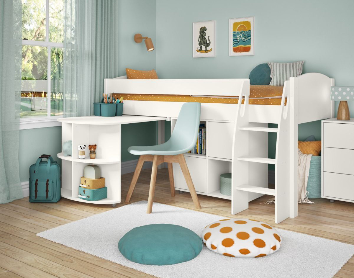 space-saving white mid sleeper bed with a storage unit and a pull out desk in a child's bedroom