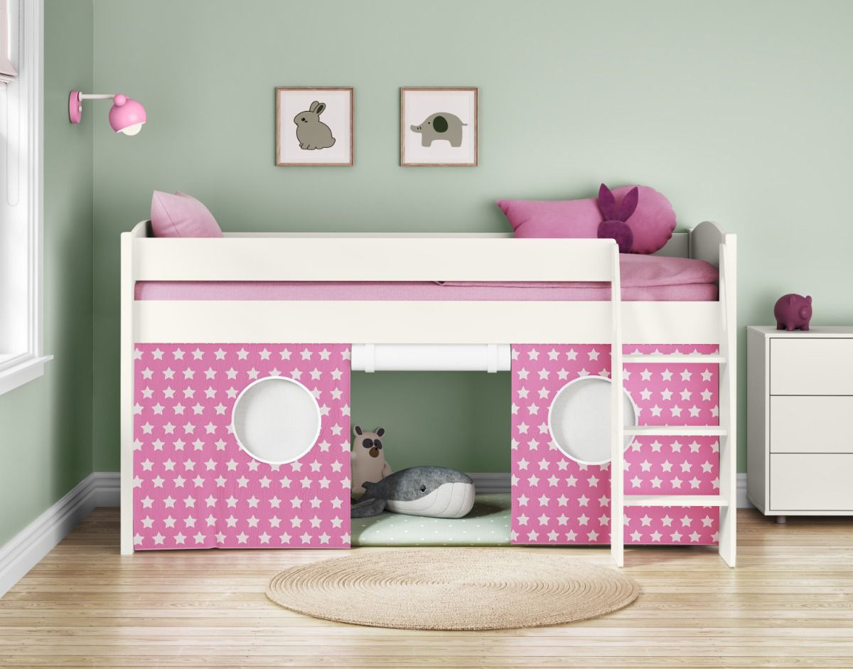 white mid sleeper bed with a pink play tent with white stars creating a den under the bed for children to play and read